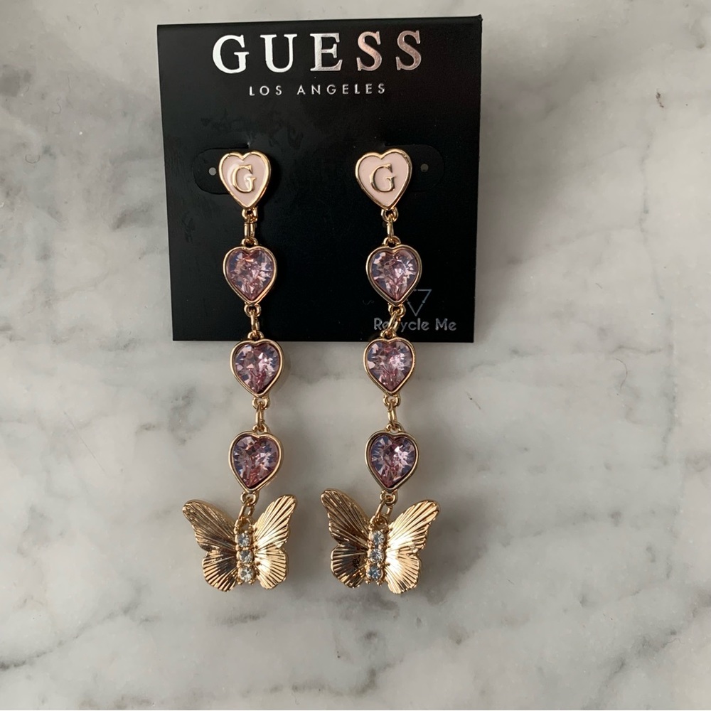 Guess Purple Crystal Butterfly Long Dangle Earrings New